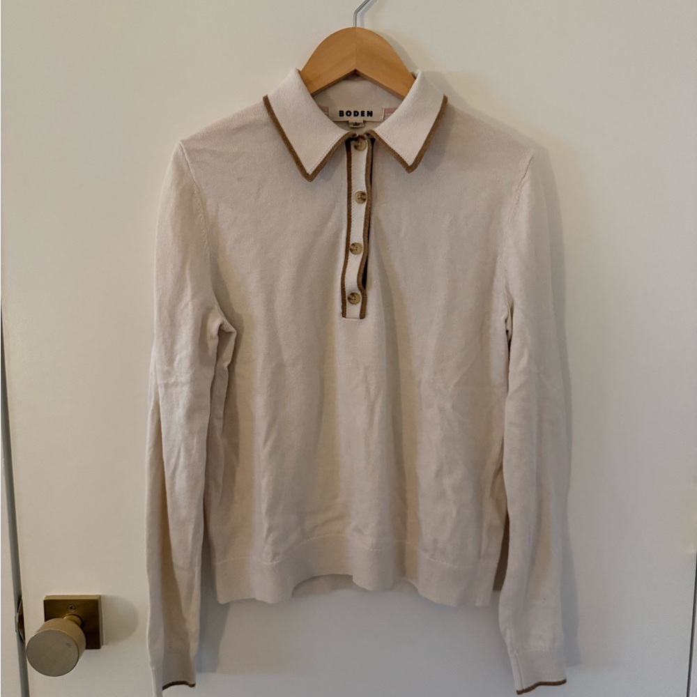 Boden Ivory Long Sleeve Polo with Brown Accents